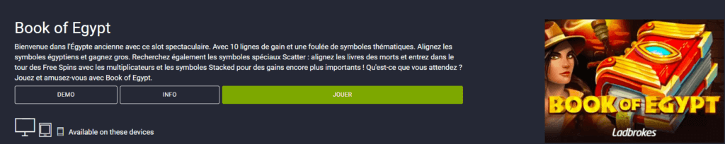Exemple de jeu Exclu Ladbrokes: Book of Egypt