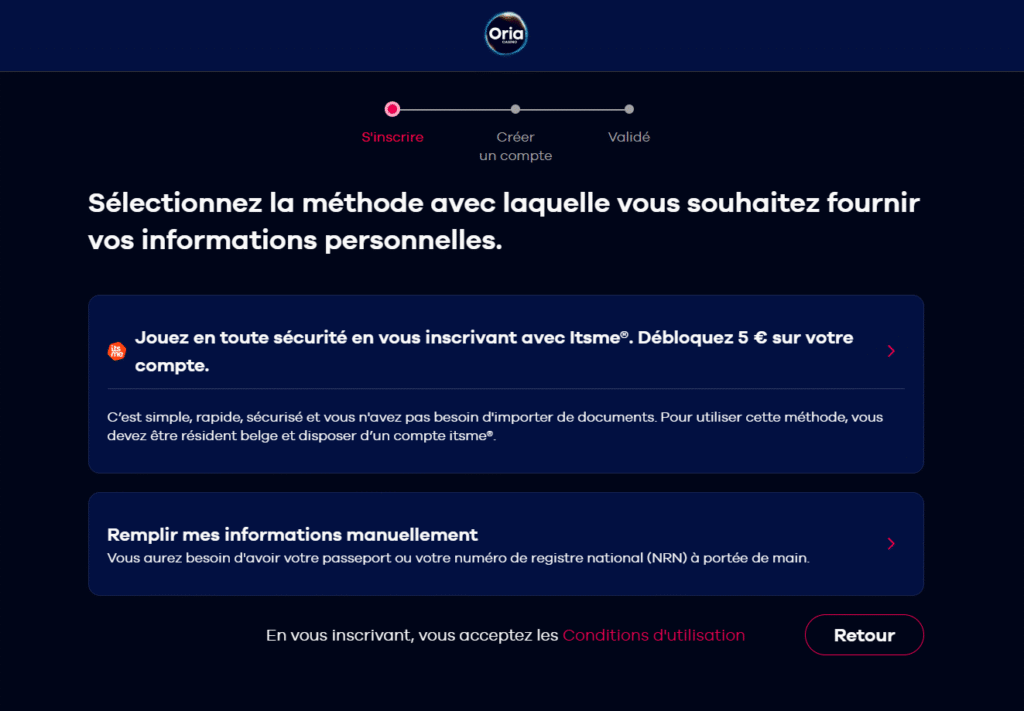 Processus d’inscription sur Oria.be.