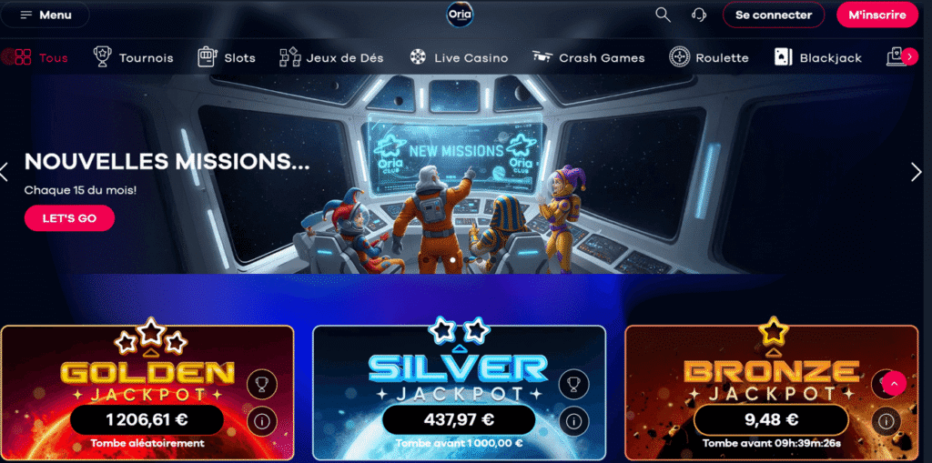 Page d'accueil d'Oria Casino.
