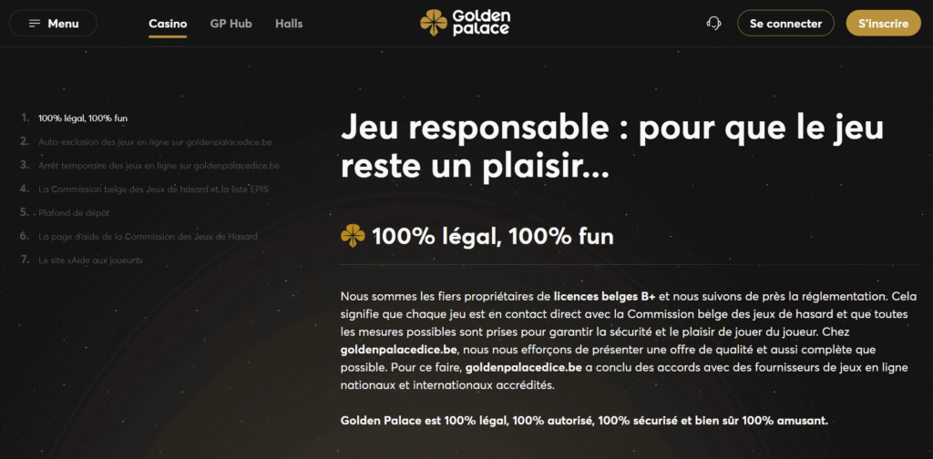 Page du jeu responsable de Golden Palace Casino.