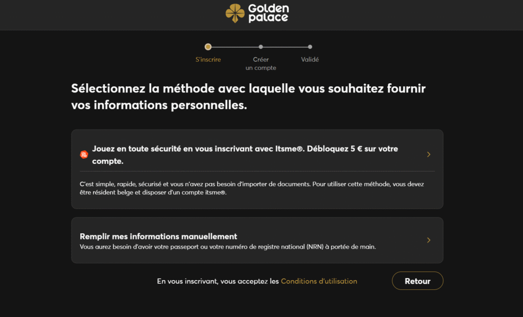 Processus d'inscription de Golden Palace Casino.