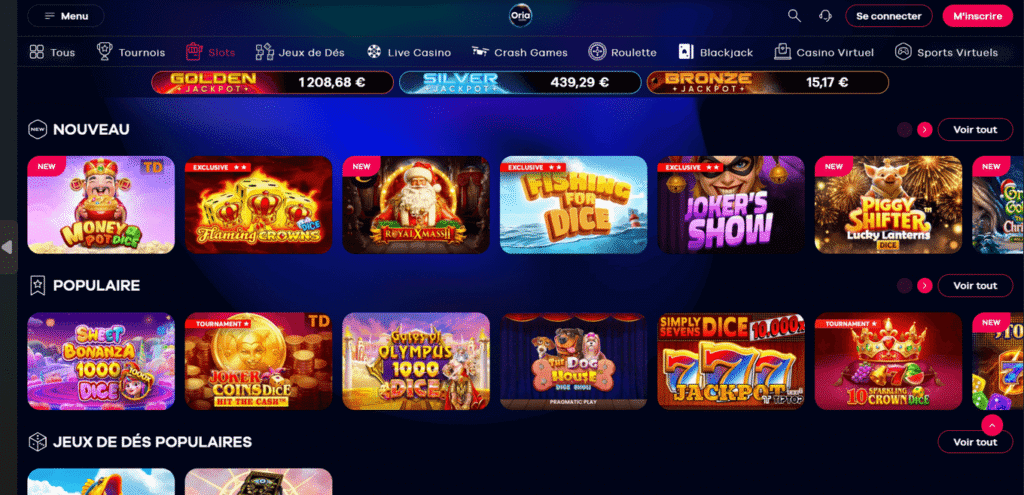 Exemples de machines à sous d'Oria Casino.