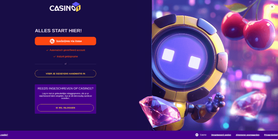 beginscherm om account aan te maken bij Casino1