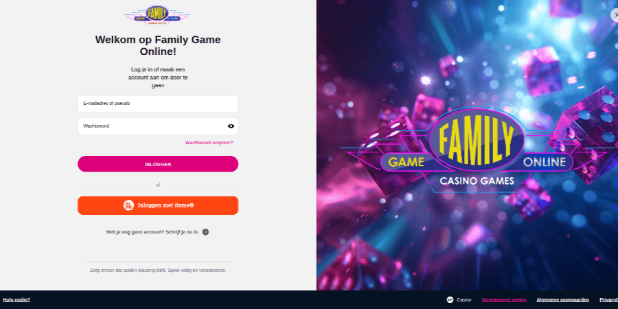 screenshot van de registeren bij Family Game Online pagina