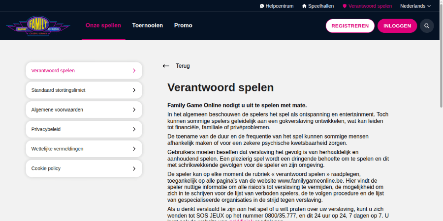 screenshot van de verantwoord spelen pagina op Family Game Online