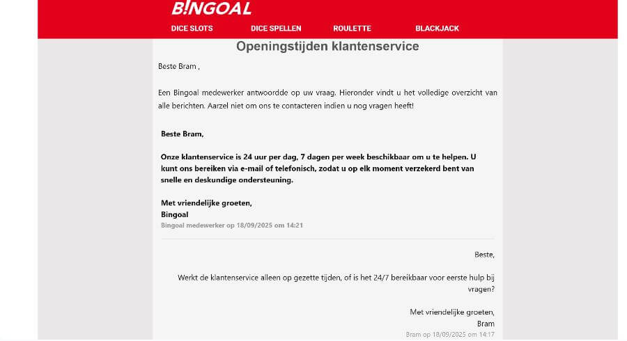 Interactie met de klantenservice van Bingoal Casino