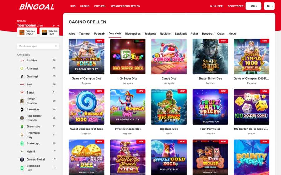 Sectie met dice slots van Bingoal Casino