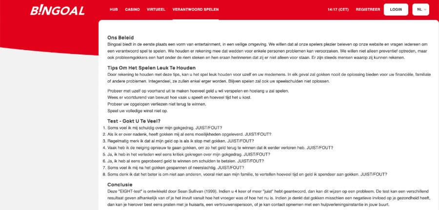 Het beleid van Bingoal aangaande verantwoord spelen