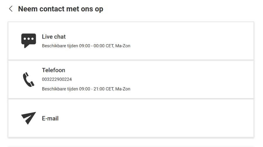 De 'hulp en contact' opties van Bwin Communicatiekanalen van de bwin klantenservice
