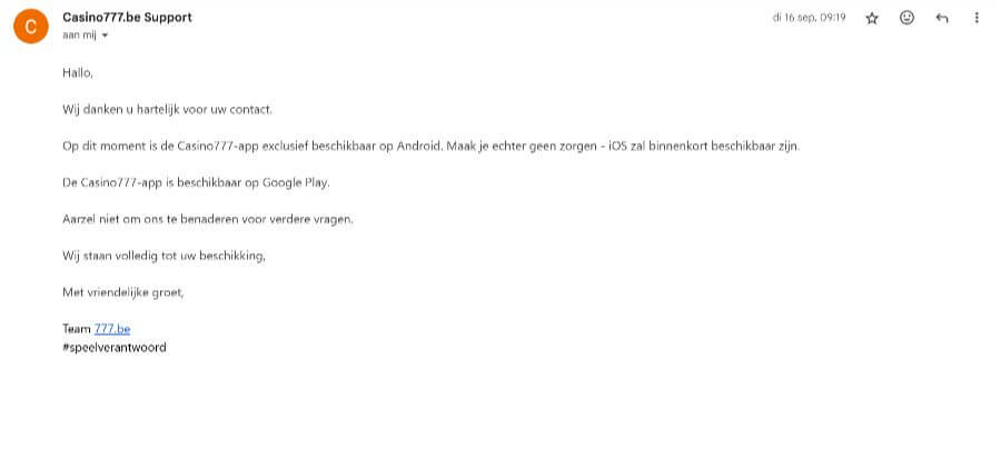 Interactie met de klantenservice van Casino777