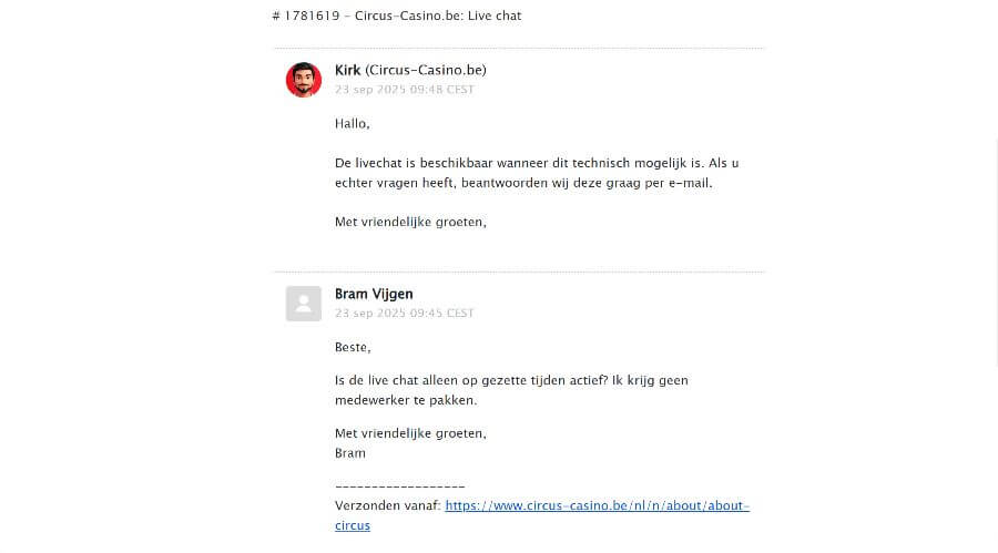 Klantenservice van Circus Casino in actie