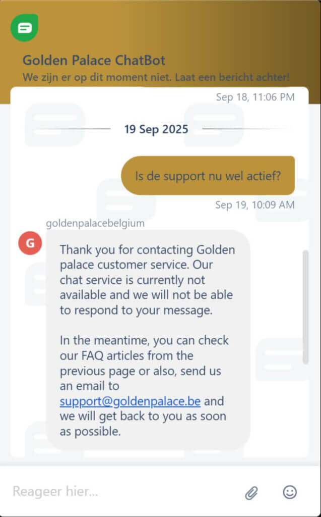 Interactie met de klantenservice van Golden Palace