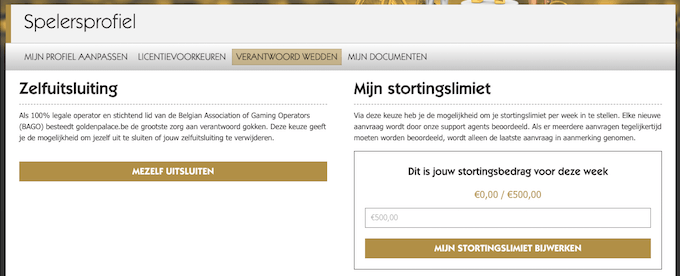Tools voor verantwoord spelen: zelfuitsluiting en stortingslimiet Golden Palace zelfhulpmiddelen