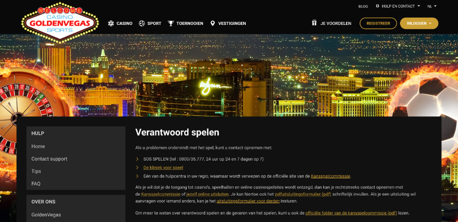 De informatiepagina rond verantwoord spelen op GoldenVegas.be