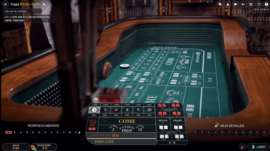 de craps tafel in het live casino