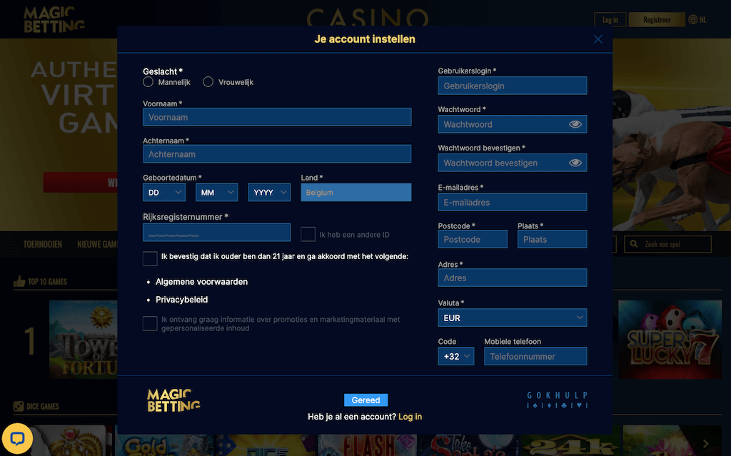 Registreren bij Magic Betting Casino