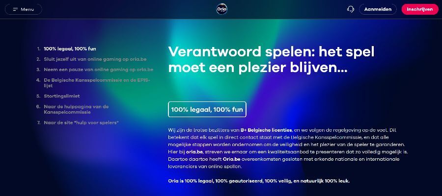 Oria's beleid ten aanzien van verantwoord spelen