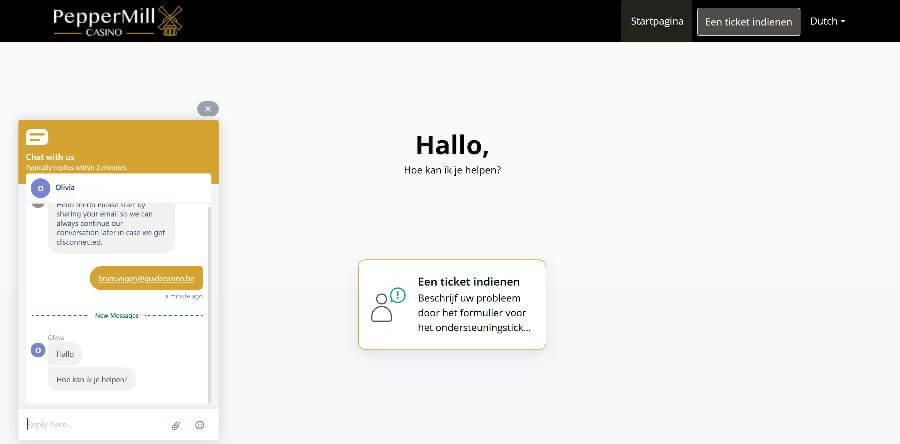 Interactie met de klantenservice van PepperMill Casino