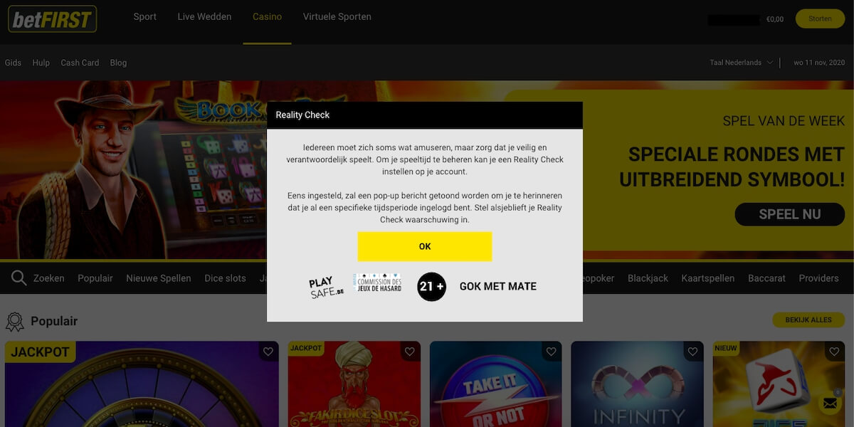 betFIRST Casino maakt gelijk melding van de reality check! Reality check