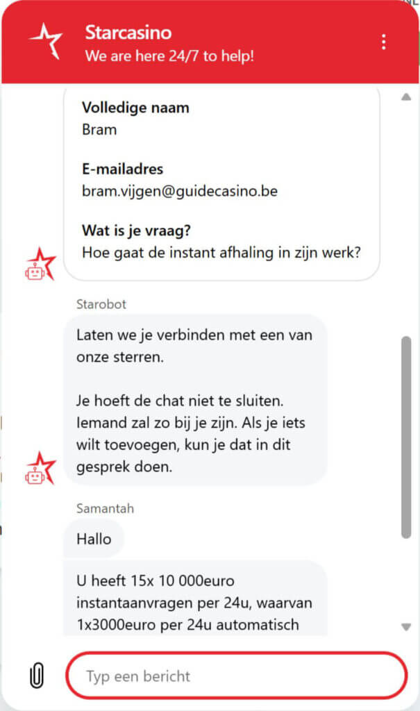 Interactie met de live chat van StarCasino
